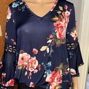 Navy Floral V-Neck Bell Sleeve Blouse